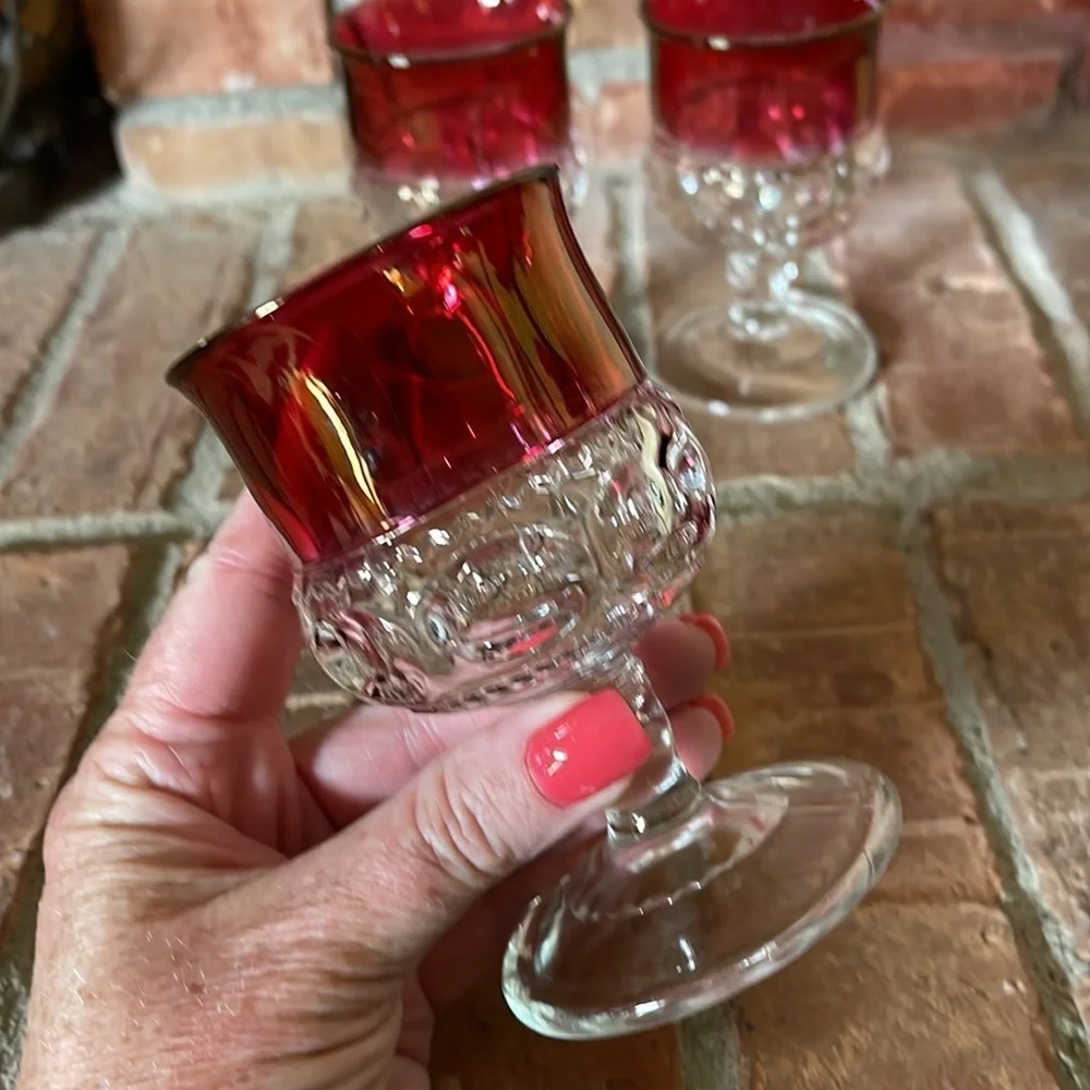 Vtg Tiffin Franciscan Kings Crown Thumbprint Ruby Juice Goblets Set of 3